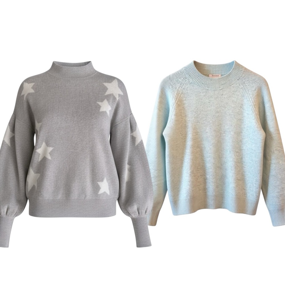 2 Sweater Bundle -ANN TAYLOR Gray w/Stars + Soft Blue BARTOLINI Alpaca Wool